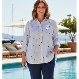 Crown & Ivy Size 2X Blue Embroidered Button Down Womens Striped Heart Shirt